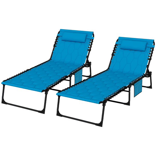 Outsunny Folding Chaise Lounge Set of 2 with 5-level Reclining Back, Outdoor Lounge Tanning Chair with Padded Seat, Side Pocket & Headrest for Beach, Yard, Patio, Sky Blue