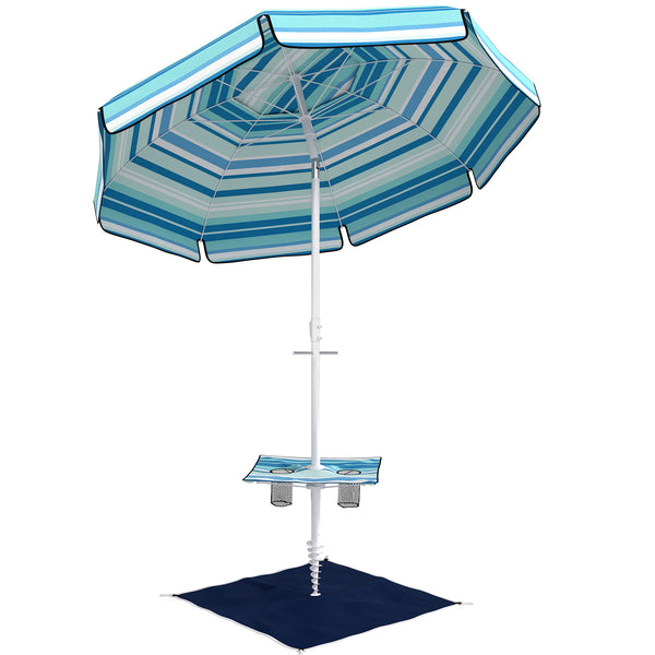 6 ft Portable Beach Umbrella with Foldable Table, Cup Holders, Tilting Outdoor Sun Shade with Sand Anchor, Sandbag, Adjustable Height, Carry Bag, UV Protection, Dark Blue