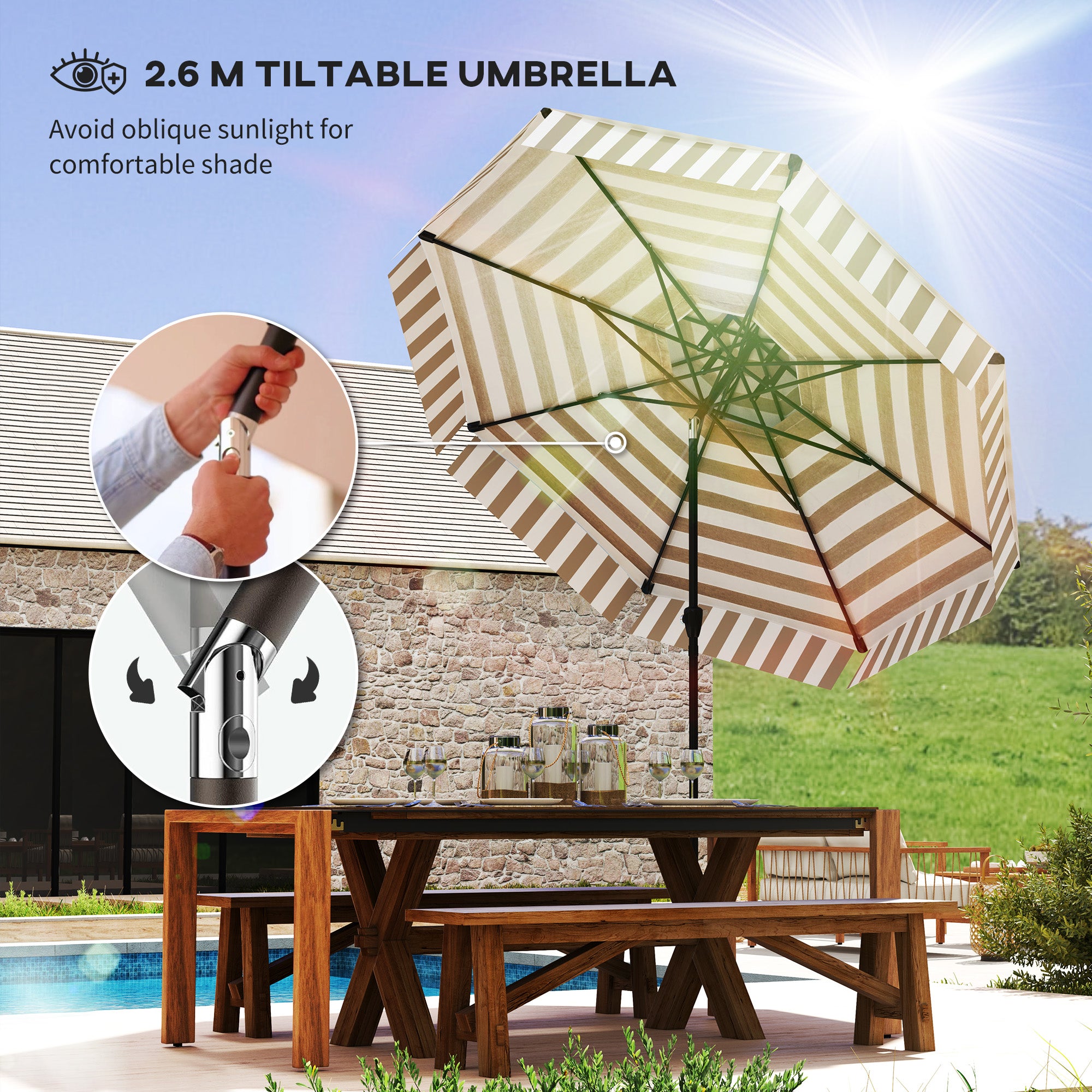 at leisure pati umbrella Outsunny 8.6FT Patio Umbrella, UPF 30+ Outdoor Market Umbrella, 2-Tier Vented Patio Table Umbrella with Crank 8 Ribs, Tiltable Porch Umbrella for Gard