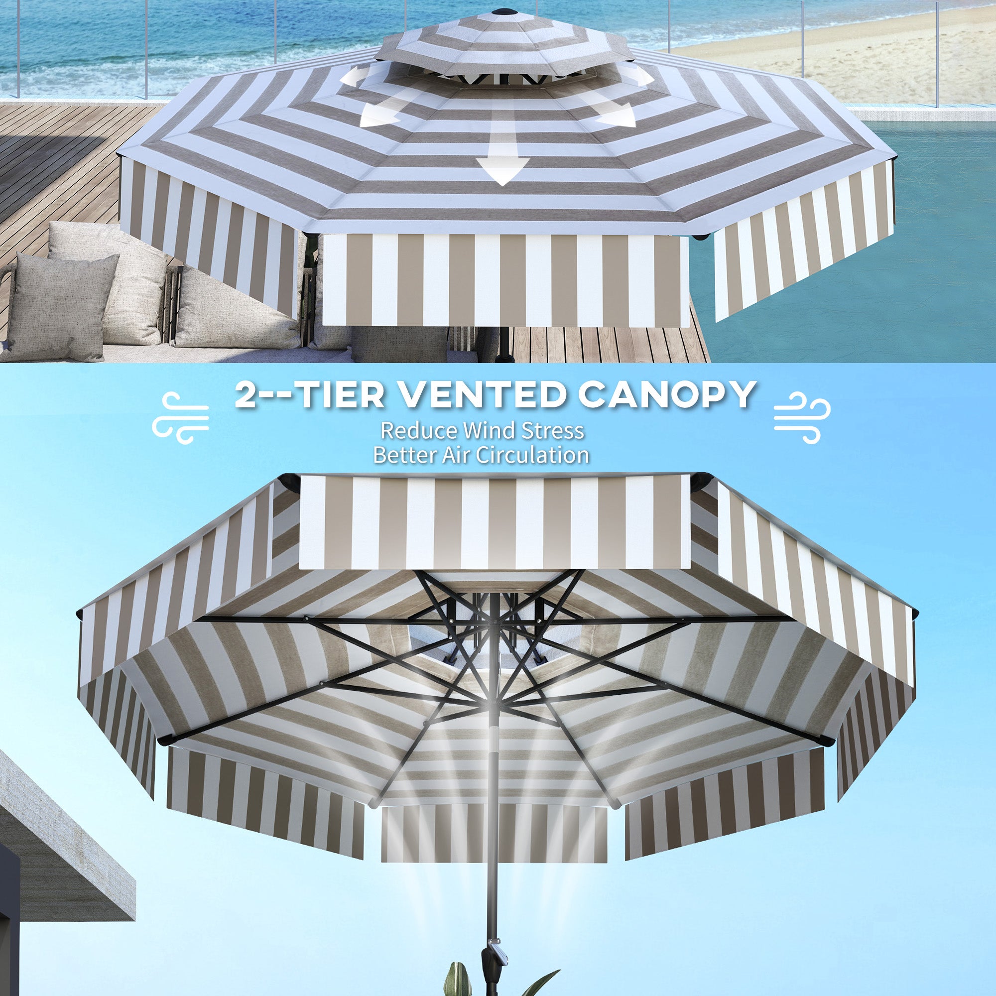 8 patio umbrella with 24 spines Outsunny 8.6FT Patio Umbrella, UPF 30+ Outdoor Market Umbrella, 2-Tier Vented Patio Table Umbrella with Crank 8 Ribs, Tiltable Porch Umbrella for Gard