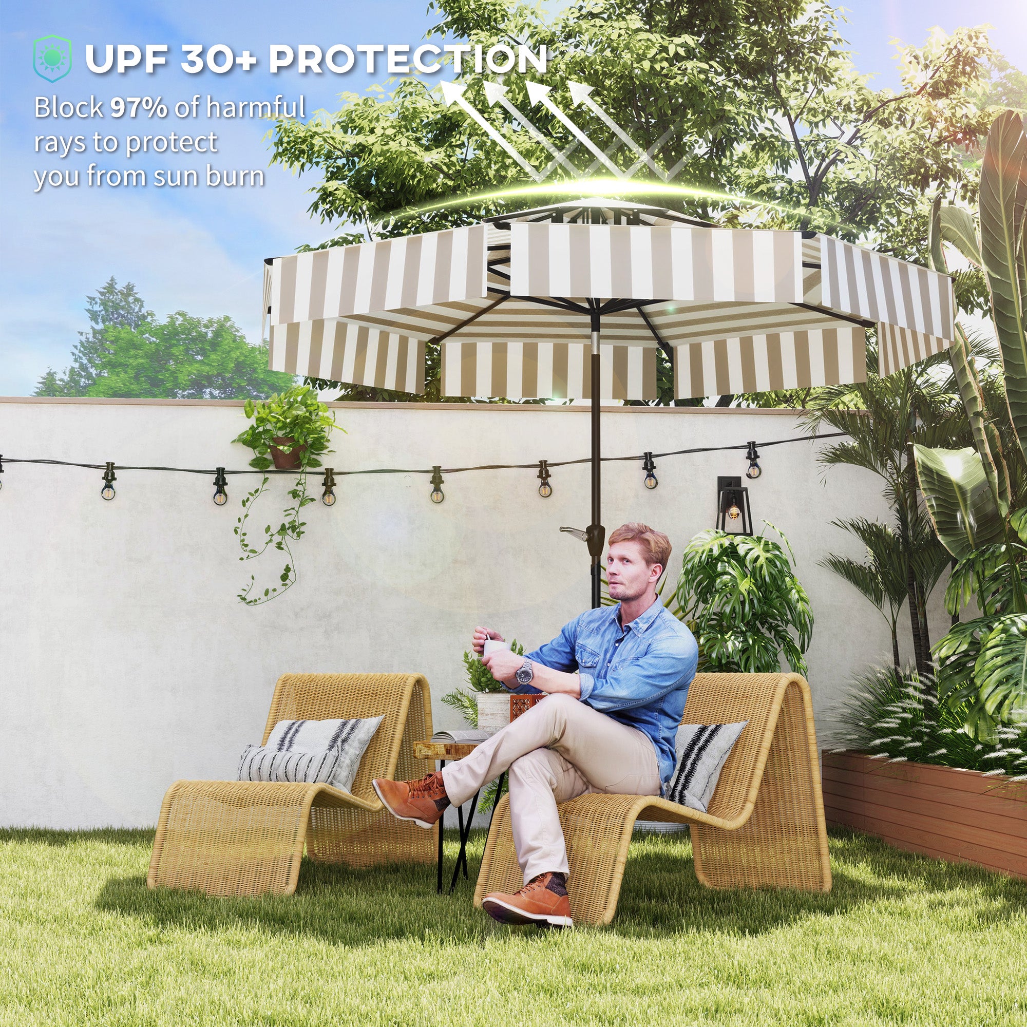 at leisure patio umbrella Outsunny 8.6FT Patio Umbrella, UPF 30+ Outdoor Market Umbrella, 2-Tier Vented Patio Table Umbrella with Crank 8 Ribs, Tiltable Porch Umbrella for Gard