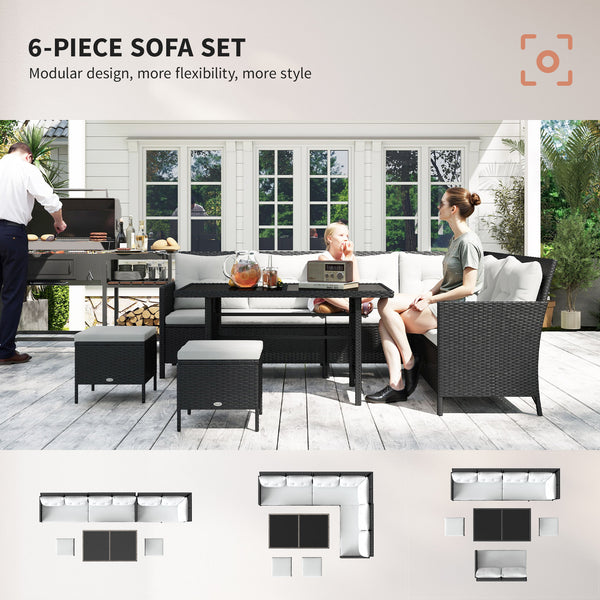 6 Pieces Patio Dining Set Wicker Outdoor Furniture Set Garden Rattan Sofa Set Outdoor Sectional Couch with Cushions, Dining Table and Ottomans, White