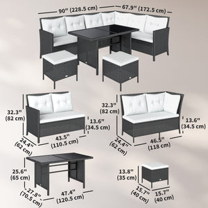 6 Pieces Patio Dining Set Wicker Outdoor Furniture Set Garden Rattan Sofa Set Outdoor Sectional Couch with Cushions, Dining Table and Ottomans, White