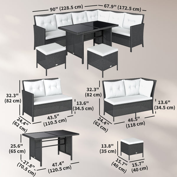 6 Pieces Patio Dining Set Wicker Outdoor Furniture Set Garden Rattan Sofa Set Outdoor Sectional Couch with Cushions, Dining Table and Ottomans, White
