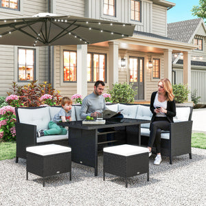 6 Pieces Patio Dining Set Wicker Outdoor Furniture Set Garden Rattan Sofa Set Outdoor Sectional Couch with Cushions, Dining Table and Ottomans, White