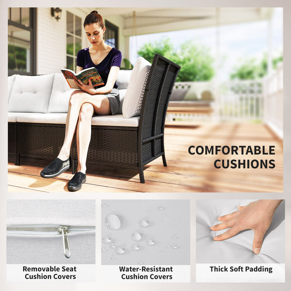 6 Pieces Patio Dining Set Wicker Outdoor Furniture Set Garden Rattan Sofa Set Outdoor Sectional Couch with Cushions, Dining Table and Ottomans, White