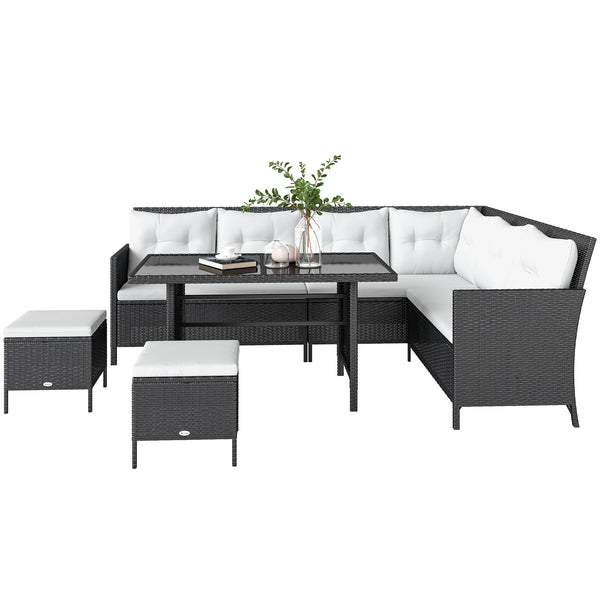6 Pieces Patio Dining Set Wicker Outdoor Furniture Set Garden Rattan Sofa Set Outdoor Sectional Couch with Cushions, Dining Table and Ottomans, White