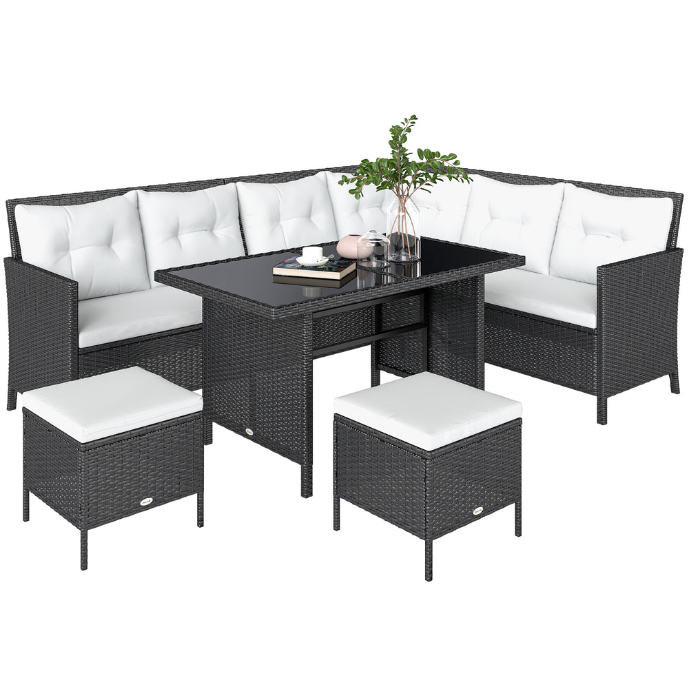 6 Pieces Patio Dining Set Wicker Outdoor Furniture Set Garden Rattan Sofa Set Outdoor Sectional Couch with Cushions, Dining Table and Ottomans, White