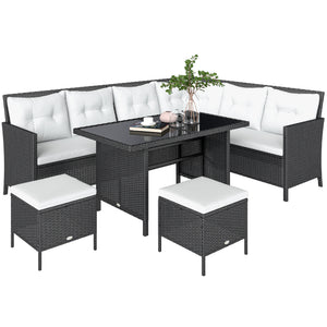 6 Pieces Patio Dining Set Wicker Outdoor Furniture Set Garden Rattan Sofa Set Outdoor Sectional Couch with Cushions, Dining Table and Ottomans, White