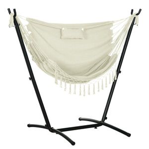 Outsunny Patio Hammock Chair with Stand, Outdoor Hammock Swing Hanging Lounge Chair with Side Pocket and Headrest, Cream White