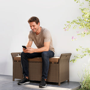 2-In-1 Patio Wicker Storage Bench, 29 Gallon Outdoor PE Rattan Patio Furniture, Large Capacity Rectangle Basket Box with Handles and Cushion, Tan