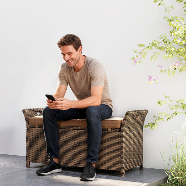 2-In-1 Patio Wicker Storage Bench, 29 Gallon Outdoor PE Rattan Patio Furniture, Large Capacity Rectangle Basket Box with Handles and Cushion, Tan