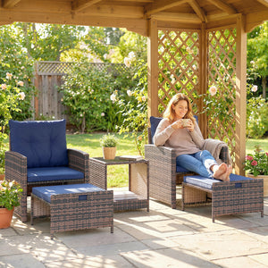 5 Piece Patio Furniture Set, Wicker Patio Chairs with Ottomans, 2-Tier Glass Coffee Table, Cushions, Outdoor Patio Furniture Conversation Set for Balcony, Brown/Dark Blue