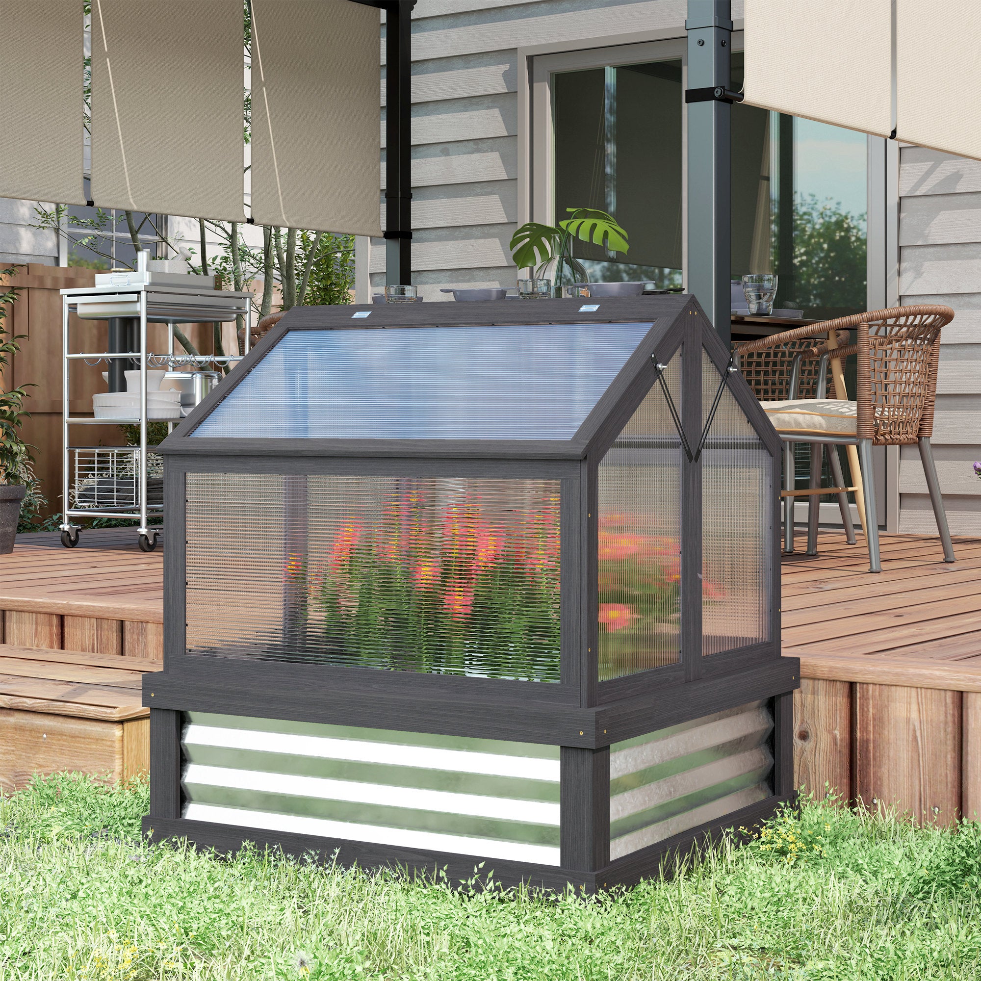 cold house for plants Outsunny Raised Garden Flower Bed Kit with Greenhouse, Wooden Cold Frame Planter, 35.5" x 31.5" x 36", Gray
