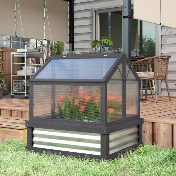 Outsunny Raised Garden Bed with Polycarbonate Greenhouse, Wooden Cold Frame Greenhouse, Garden Flower Planter Protection, Peak Roof, 35.5" x 31.5" x 36", Gray