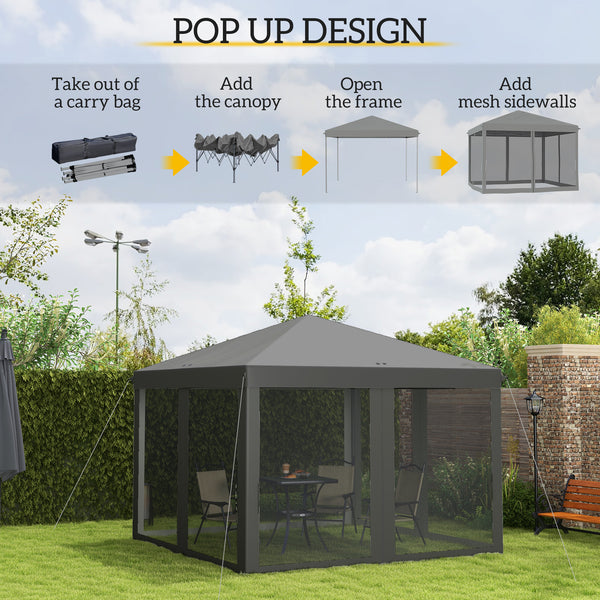 3 x 3 m Pop Up Gazebo, 420D Garden Tent Canopy with Removable Mesh Sidewall Netting, Carry Bag for Garden Patio Outdoor, Light Grey