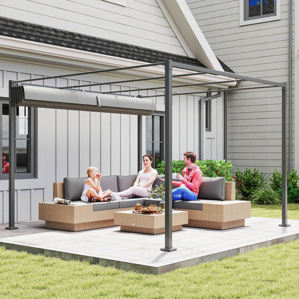 3 x 3(m) Garden Pergola with Retractable Roof and Magnetic Fixture, Outdoor Gazebo Pergola Kit Sun Shade Canopy, UPF30+, Grey