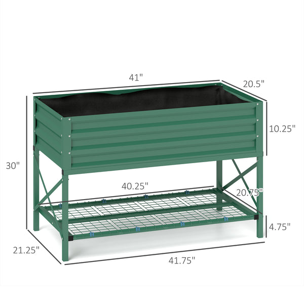 Outsunny Raised Garden Bed with Galvanized Steel Frame, Storage Shelf and Bed Liner, Elevated Planter Box with Legs for Vegetables, Flowers, Herbs, Green