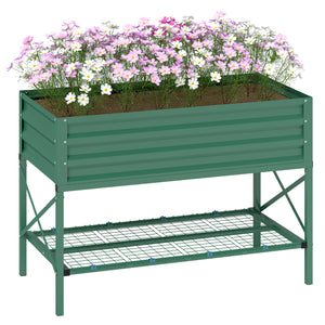 Outsunny Raised Garden Bed with Galvanized Steel Frame, Storage Shelf and Bed Liner, Elevated Planter Box with Legs for Vegetables, Flowers, Herbs, Green