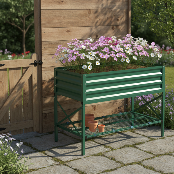 Galvanized Steel Raised Garden Bed with Storage Shelf and Bed Liner, Green
