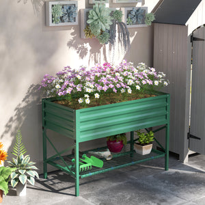 Outsunny Raised Garden Bed with Galvanized Steel Frame, Storage Shelf and Bed Liner, Elevated Planter Box with Legs for Vegetables, Flowers, Herbs, Green