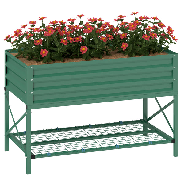 Outsunny Raised Garden Bed with Galvanized Steel Frame, Storage Shelf and Bed Liner, Elevated Planter Box with Legs for Vegetables, Flowers, Herbs, Green