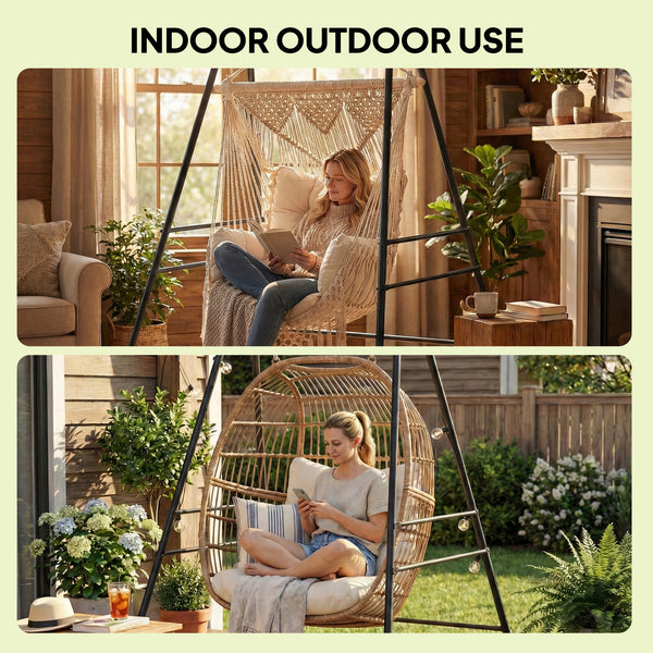 Hammock Chair Stand, Free Standing Heavy Duty Hanging Swing Chair with Anti-Slip Foot Pads, 2 Carabiners, for Relaxation, Indoor and Outdoor Use, Black