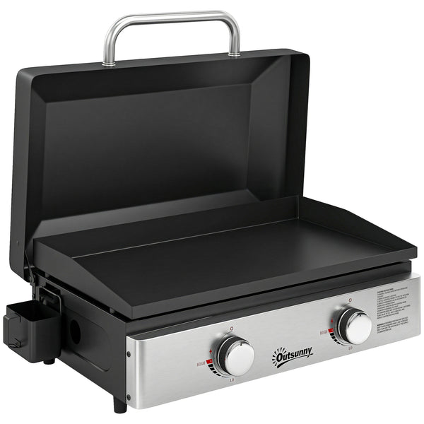 2 Burner Grill Griddle, Portable Gas Plancha, 6 kW, Tabletop Gas BBQ with Grease Cup for Camping Picnic Patios, Black