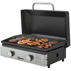 2 Burner Grill Griddle, Portable Gas Plancha, 6 kW, Tabletop Gas BBQ with Grease Cup for Camping Picnic Patios, Black