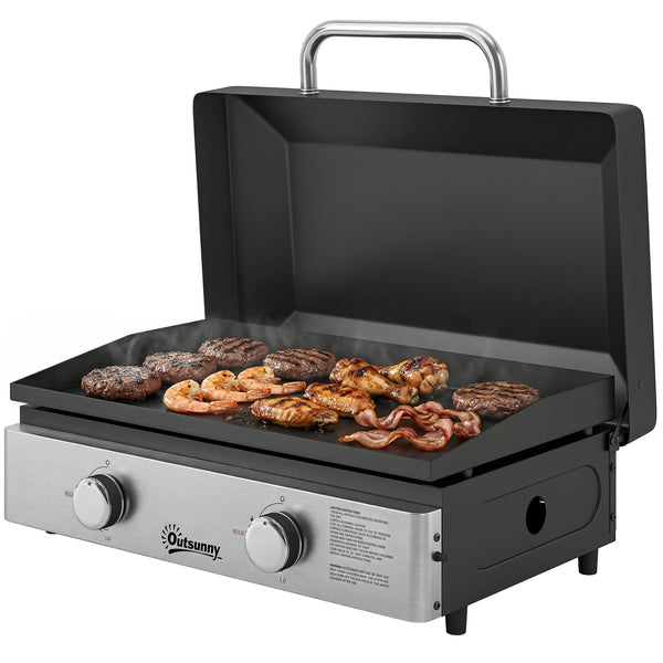 2 Burner Grill Griddle, Portable Gas Plancha, 6 kW, Tabletop Gas BBQ with Grease Cup for Camping Picnic Patios, Black