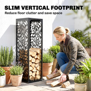 15 Inch Firewood Rack Outdoor Indoor with Cutout Design, Heavy Duty Galvanized Steel Firewood Holder, Log Holder with 4 Hooks, Adjustable Pads, Wood Storage for Fireplace, Firepit, Black
