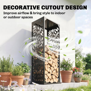 15 Inch Firewood Rack Outdoor Indoor with Cutout Design, Heavy Duty Galvanized Steel Firewood Holder, Log Holder with 4 Hooks, Adjustable Pads, Wood Storage for Fireplace, Firepit, Black