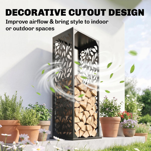 15 Inch Firewood Rack Outdoor Indoor with Cutout Design, Heavy Duty Galvanized Steel Firewood Holder, Log Holder with 4 Hooks, Adjustable Pads, Wood Storage for Fireplace, Firepit, Black