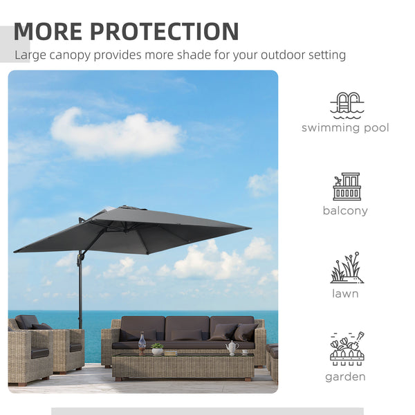 2.7 x 2.7 m Cantilever Parasol, Square Overhanging Umbrella with Cross Base, Crank Handle, Tilt, 360° Rotation and Aluminium Frame, Dark Grey