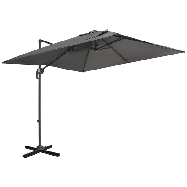 2.7 x 2.7 m Cantilever Parasol, Square Overhanging Umbrella with Cross Base, Crank Handle, Tilt, 360° Rotation and Aluminium Frame, Dark Grey