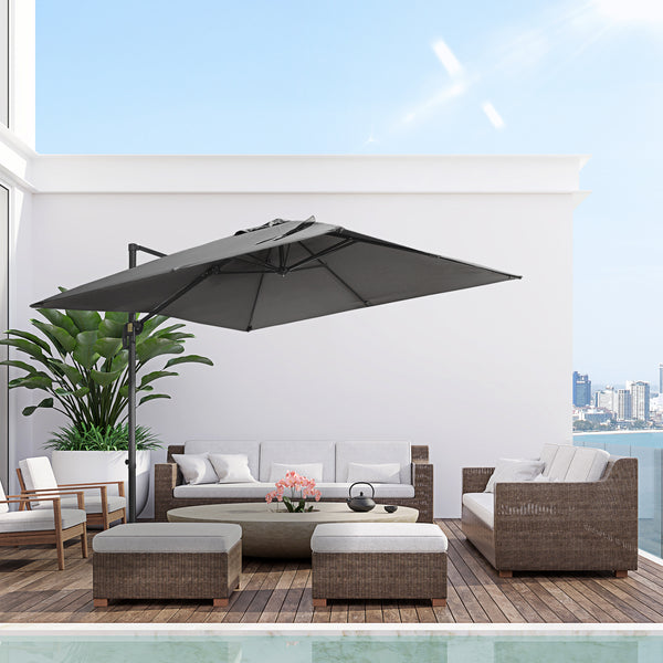 2.7 x 2.7 m Cantilever Parasol, Square Overhanging Umbrella with Cross Base, Crank Handle, Tilt, 360° Rotation and Aluminium Frame, Dark Grey