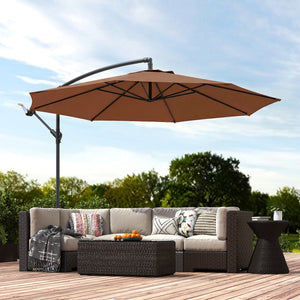 3(m) Garden Banana Parasol Hanging Cantilever Umbrella with Crank Handle, 8 Ribs and Cross Base for Outdoor, Sun Shade, Coffee