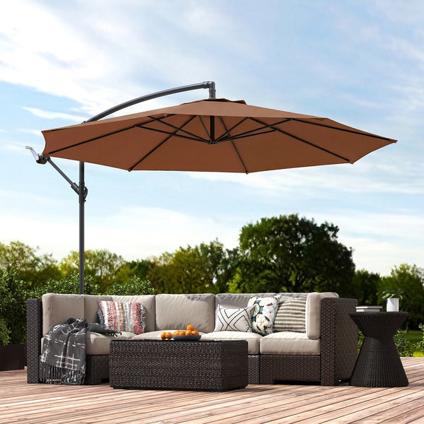 3(m) Garden Banana Parasol Hanging Cantilever Umbrella with Crank Handle, 8 Ribs and Cross Base for Outdoor, Sun Shade, Coffee