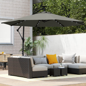 9.7 ft Cantilever Patio Umbrella with Solar LED Light, Cover, Round Offset Hanging Outdoor Umbrella Parasol with Tilt and Crank Handle, Grey