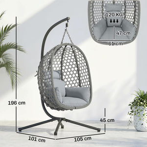 Hanging Egg Chair, Indoor Outdoor Rattan Hammock Swing Chair with Stand, Safety Strap, Foldable Basket, Thick Cushion, Headrest, Metal Frame for Garden Balcony Patio Lounge Porch, Dark Grey