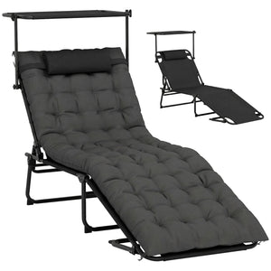 Folding Chaise Lounge Chair with Cushion and Adjustable Sun Shade, 4-Position Adjustable Outdoor Lounge Chair with Headrest, Sun Lounger with Cushion for Porch, Dark Grey