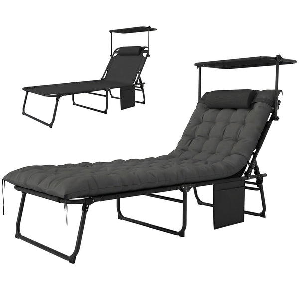 Folding Chaise Lounge Chair with Cushion and Adjustable Sun Shade, 4-Position Adjustable Outdoor Lounge Chair with Headrest, Sun Lounger with Cushion for Porch, Dark Grey