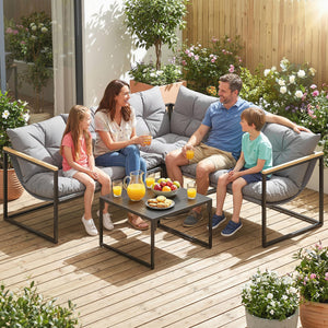 4 Piece Garden Furniture Set, Garden Table and Chairs with Thick Cushions, Patio Conversation Set with Coffee Table for Porch, Balcony, Deck, Grey