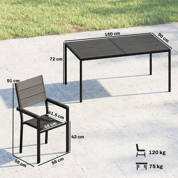 7 Pieces Outdoor Dining Set, Patio Table and Chairs for 6, Garden Dining Furniture Set with Slatted Tabletop and Metal Frame for Balcony, Patio, Backyard, Black
