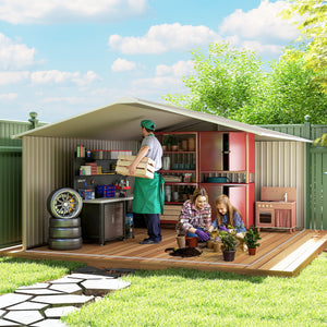 11' x 13' Garden Storage Shed with Foundation Kit, Metal Tool Storage House with Double Doors for Outdoor Patio Yard, Light Grey