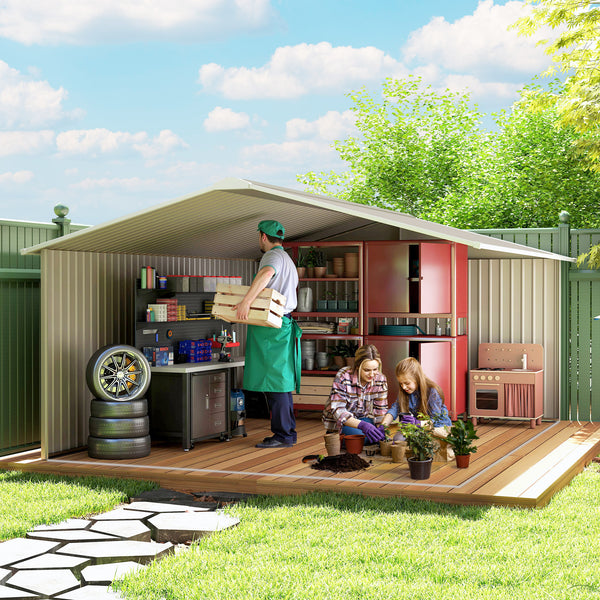 11' x 13' Garden Storage Shed with Foundation Kit, Metal Tool Storage House with Double Doors for Outdoor Patio Yard, Light Grey