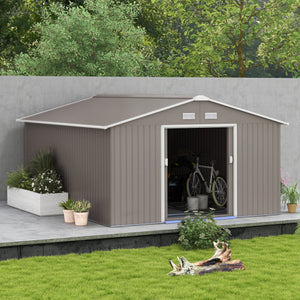 Outsunny 11' x 13' Outdoor Storage Shed, Garden Tool Metal Shed with Foundation Kit, Double Lockable Door, Air Vents and Sloping Roof, for Backyard, Patio, Lawn, Light Gray