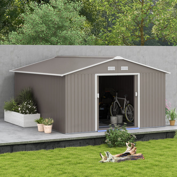 Outsunny 11' x 13' Outdoor Storage Shed, Garden Tool Metal Shed with Foundation Kit, Double Lockable Door, Air Vents and Sloping Roof, for Backyard, Patio, Lawn, Light Gray