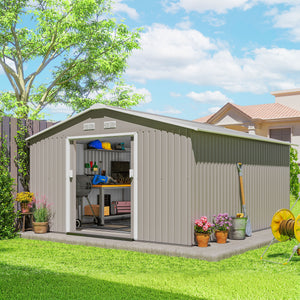 11' x 13' Garden Storage Shed with Foundation Kit, Metal Tool Storage House with Double Doors for Outdoor Patio Yard, Light Grey