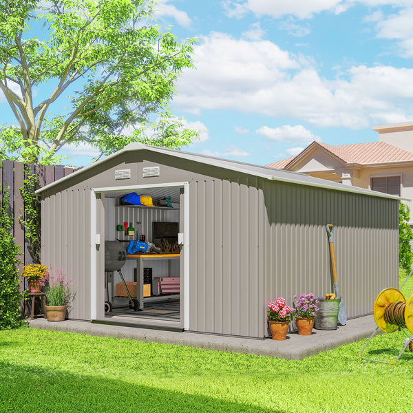 11' x 13' Garden Storage Shed with Foundation Kit, Metal Tool Storage House with Double Doors for Outdoor Patio Yard, Light Grey